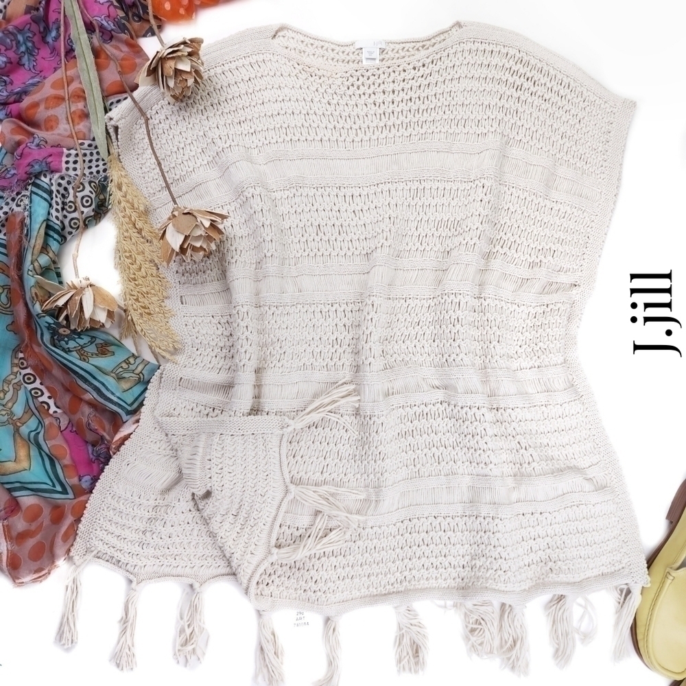 J. Jill Tan Cotton Open Weave Poncho M/L - Picture 1 of 11